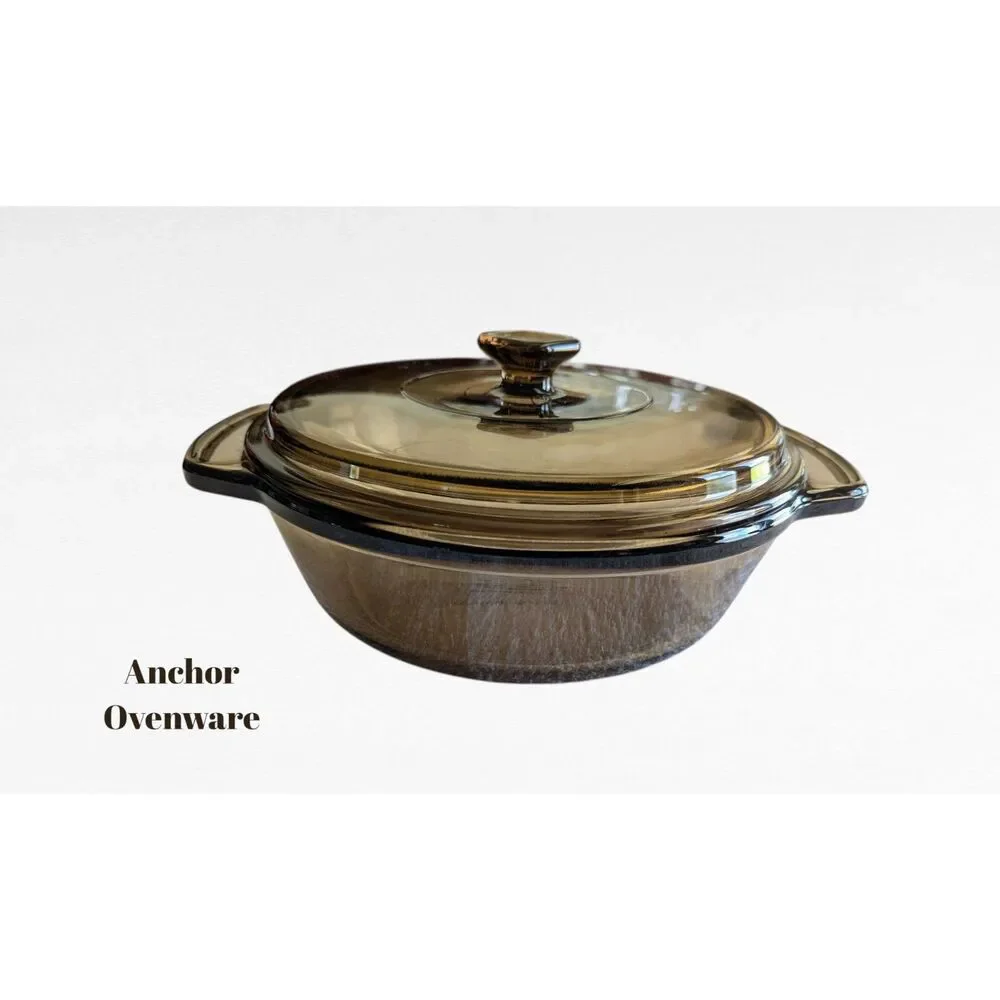 Vtg Anchor Hocking 1.5-quart amber glass casserole dish w/lid